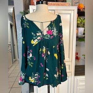 Old‎ Navy Medium Tall Dark Green Floral Peplum Blouse Long Sleeve Fall